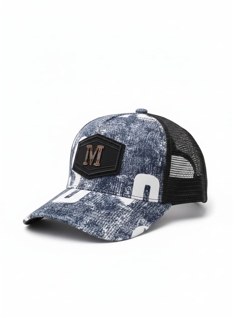Unisex Denim-Style Printed Mesh Trucker Cap with Letter Patch – Adjustable Snapback Casual Baseball Hat (Blue) - Image 1